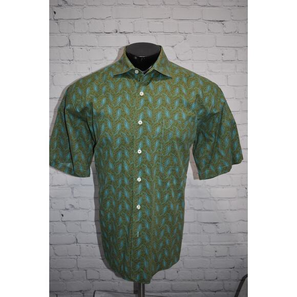 Alan Flusser Dress Shirt Mens Size XL Green Blue Paisley Design Short Sleeve - Picture 2 of 6